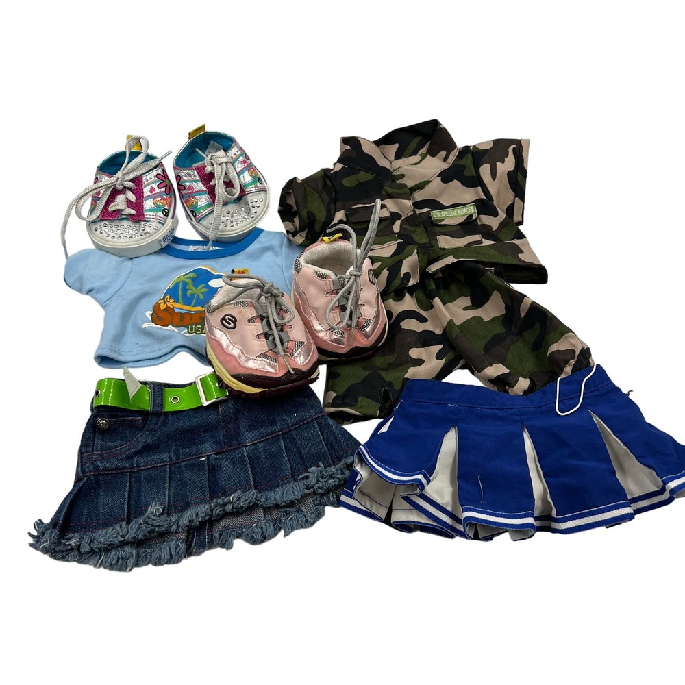 BAB Build A Bear Clothing & Skechers Shoes Lot Military Set Denim Skirt‎ Tshirt